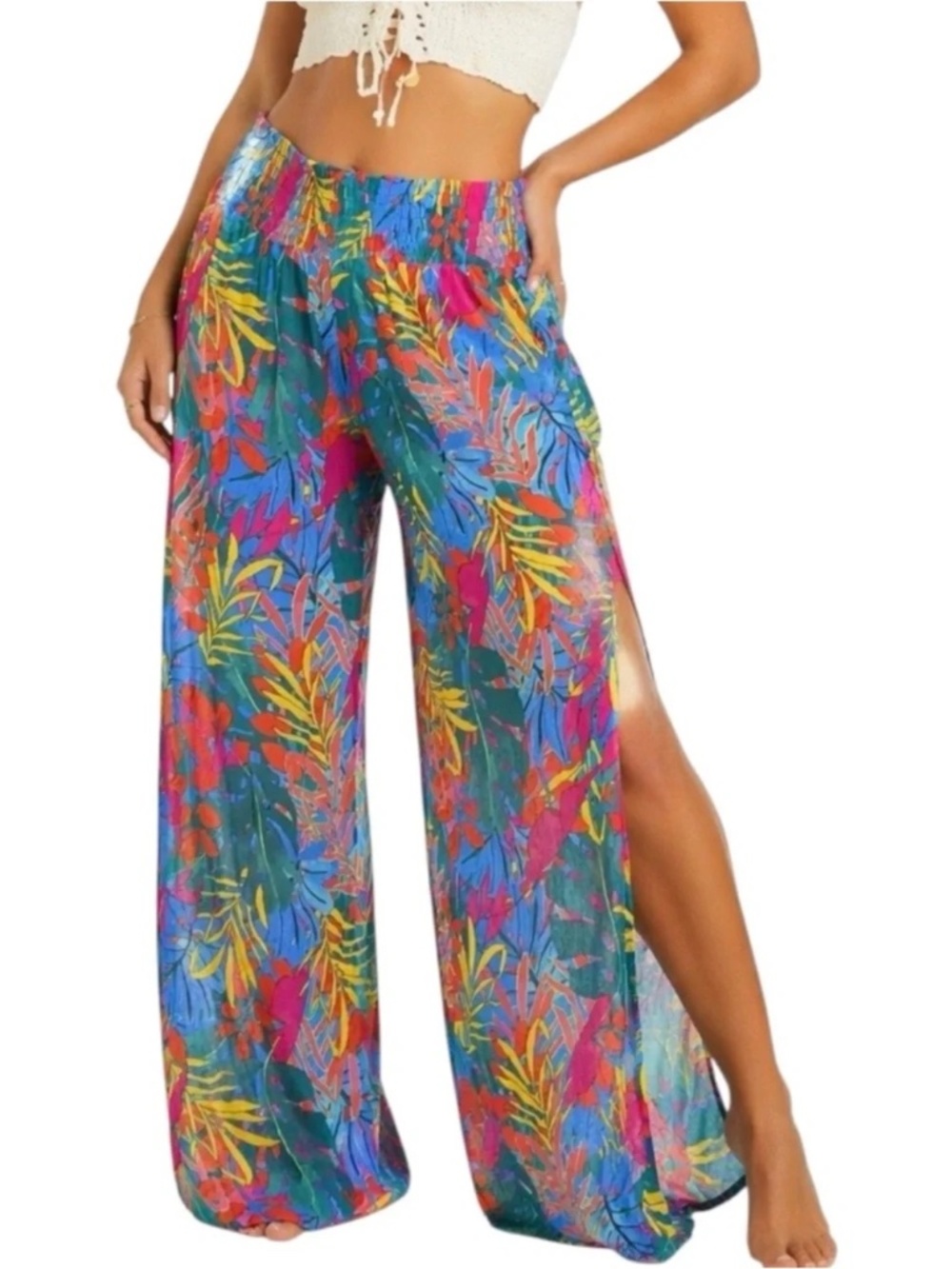 Kona Sol Palazzo Pants Smocked Waist Side Slits Swim Cover Up Resort Wear Size L